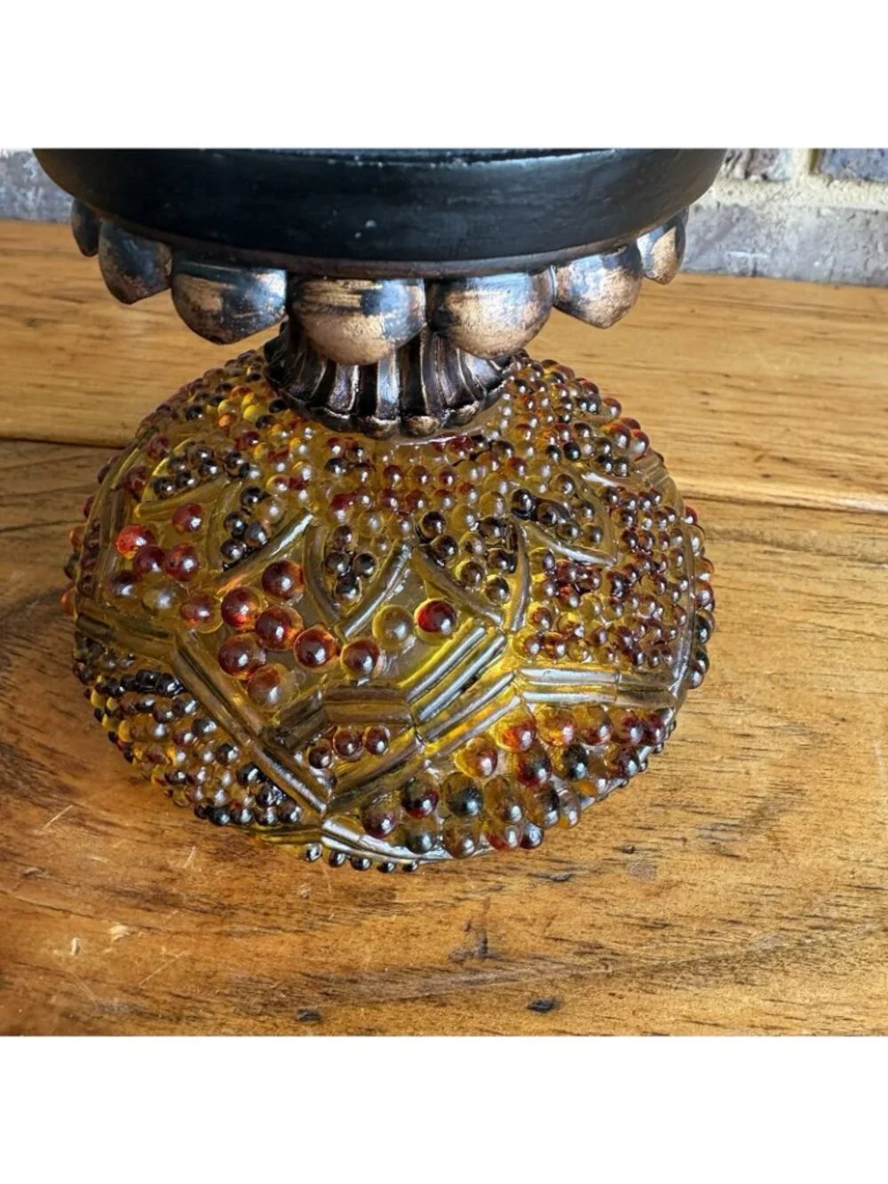 Vintage Amber Bronze Color Hobnail Lucite Round Powder Jar Trinket Box Resin Lid